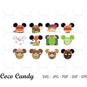 Peut inclure: Un ensemble graphique numérique présentant douze icônes de personnages circulaires avec des oreilles de souris, incluant divers motifs, couleurs et expressions faciales. Le texte Coco Candy SVG - JPG - PDF - DXF - EPS figure en bas.