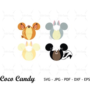 May include: Four cartoon animal head designs with Mickey Mouse ears. The designs are a brown deer, a gray bunny, a yellow fox, and a black and white skunk.
