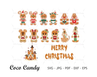 Pode incluir: Um conjunto de personagens de biscoito de gengibre, incluindo Mickey Mouse, Minnie Mouse, Donald Duck, Daisy Duck, Pateta, Pluto e uma casa de gengibre. Os biscoitos são decorados com glacê vermelho, verde e branco e têm um tema natalino festivo. O texto "Feliz Natal" está escrito em glacê marrom abaixo dos biscoitos.