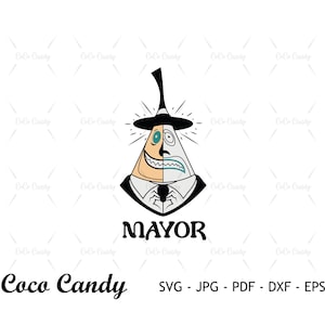 Może przedstawiać: Kreskówkowa ilustracja postaci z podzieloną twarzą, z jednej strony uśmiechniętą, z drugiej marszczącą brwi. Postać nosi czarny kapelusz i garnitur z krawatem w kształcie pająka. Słowo "MAYOR" znajduje się pod postacią.