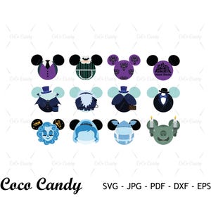Op de afbeelding: Een digitale grafische set met twaalf cirkelvormige iconen in de vorm van muizenoortjes, met diverse personages en patronen in paars, blauw, zwart en groen. De tekst Coco Candy SVG - JPG - PDF - DXF - EPS staat onderaan afgedrukt.