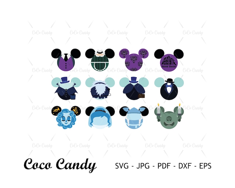 Op de afbeelding: Een digitale grafische set met twaalf cirkelvormige iconen in de vorm van muizenoortjes, met diverse personages en patronen in paars, blauw, zwart en groen. De tekst Coco Candy SVG - JPG - PDF - DXF - EPS staat onderaan afgedrukt.