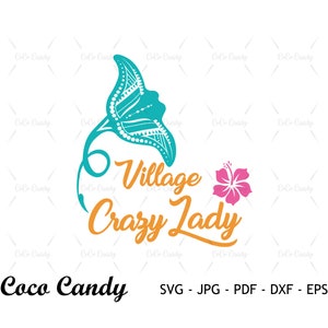 May include: A teal blue stylized flower with a pink hibiscus flower and the text "Village Crazy Lady" in orange. The text "Coco Candy" is in black at the bottom of the image.