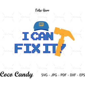 May include: A blue and yellow digital design with the text "I CAN FIX IT!" and a blue cap with the letter "F" on it. A yellow hammer is to the right of the text.