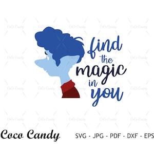 Puede incluir: Un personaje azul con una camisa roja y cabello azul mirando hacia la derecha. El texto "find the magic in you" está escrito en cursiva negra.