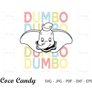 Puede incluir: Una ilustración en blanco y negro de Dumbo el elefante con una superposición de texto en rojo, amarillo, azul y rosa que dice "DUMBO" cuatro veces.