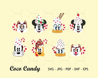 Pode incluir: Oito canecas diferentes de personagens de desenhos animados com detalhes de bengala de doces. As canecas apresentam Mickey Mouse, Minnie Mouse, Donald Duck, Daisy Duck e Chip e Dale. As canecas são decoradas com designs temáticos de Natal, incluindo chapéus de Papai Noel, bengalas de doces e flocos de neve.