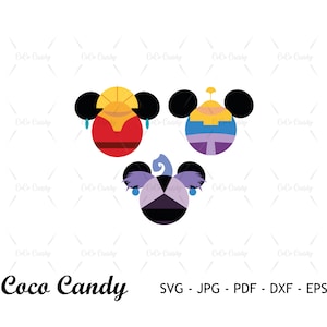 May include: Three Disney character-inspired mouse ears with a yellow, red, and purple color scheme. The ears are in the shape of a Mickey Mouse head.