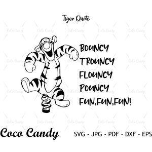 Könnte beinhalten: Schwarz-weiß-Linienzeichnung eines Cartoon-Tigers, der auf einer Feder springt. Der Text "BOUNCY, TROUNCY, FLOUNCY, POUNCY, FUN, FUN, FUN!" steht unter dem Tiger. Der Text "Coco Candy" steht unter der Illustration.