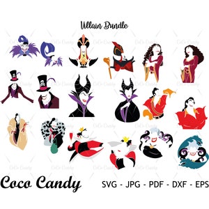 May include: A set of 14 digital cut files featuring various Disney villains. The villains are depicted in a simplified, silhouette style. The colors are bright and bold, and the designs are perfect for crafting projects.