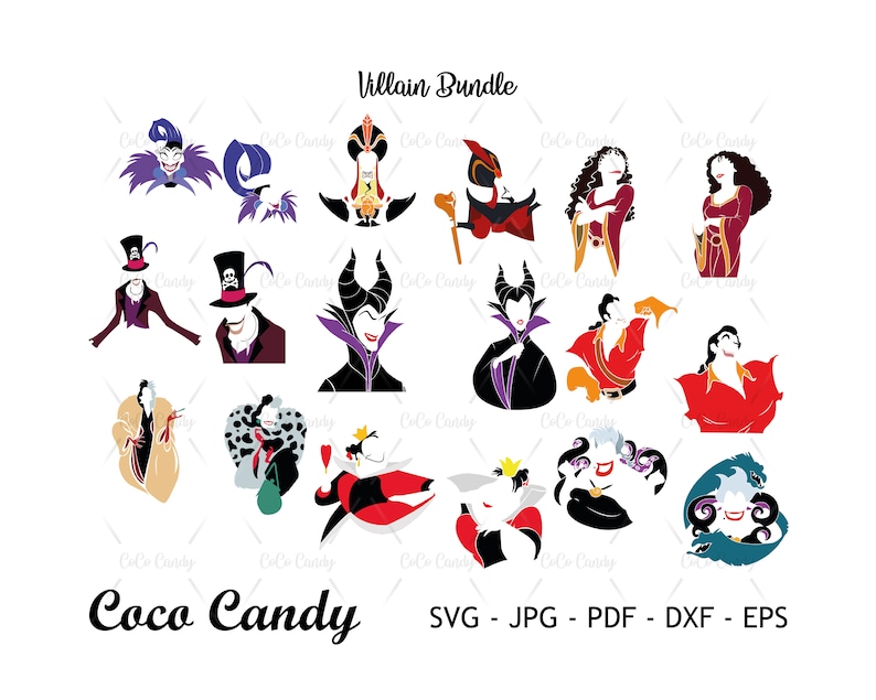 May include: A set of 14 digital cut files featuring various Disney villains. The villains are depicted in a simplified, silhouette style. The colors are bright and bold, and the designs are perfect for crafting projects.