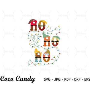 May include: A Christmas-themed design featuring the word "HO HO HO" with each letter decorated with a different cartoon character wearing a Santa hat. The letters are surrounded by a string of colorful Christmas lights.