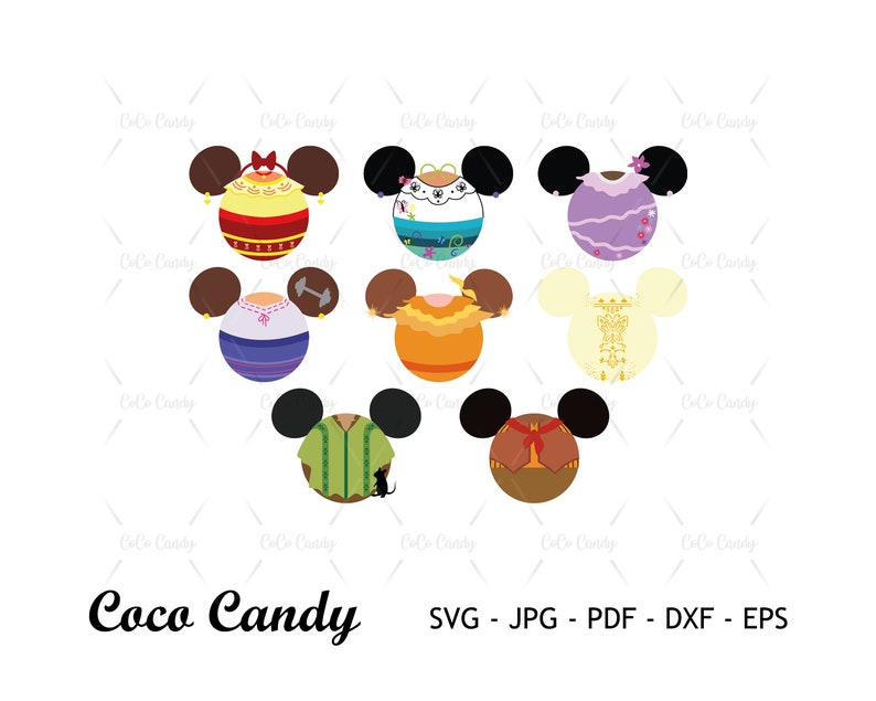 Op de afbeelding: Zeven kleurrijke Mickey Mouse-kopvormige ontwerpen met verschillende patronen en kleuren. De ontwerpen omvatten een rood en geel ontwerp, een blauw en wit ontwerp, een paars en wit ontwerp, een geel en oranje ontwerp, een wit en goud ontwerp, een groen en bruin ontwerp en een bruin en rood ontwerp.