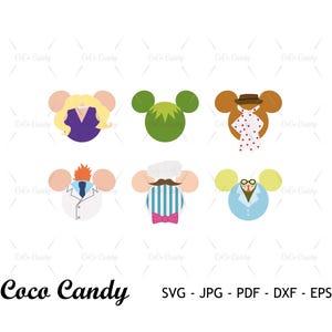 May include: A digital graphic set featuring six stylised mouse-ear icons with character-themed outfits, including a purple dress, green texture, brown hat with polka dot scarf, white lab coat, blue striped shirt with pink bow tie, and blue coat.