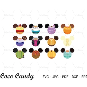 May include: A digital graphic set featuring twelve circular icons with black mouse ears, each displaying a unique colorful outfit pattern inspired by various characters, arranged in three rows of four, with the text Coco Candy SVG JPG PDF DXF EPS.