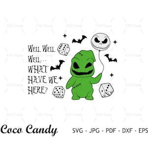 Puede incluir: Diseño digital verde y blanco con un personaje de dibujos animados sosteniendo un globo con la cara de Jack Skellington. El texto "Well Well Well... What Have We Here?" está escrito en negro.