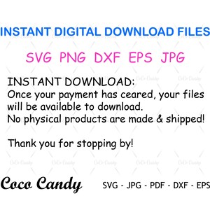 May include: Instant digital download files for SVG, PNG, DXF, EPS, and JPG formats. Once your payment is complete, your files will be available to download. No physical products are made or shipped. Thank you for stopping by! Coco Candy - SVG - JPG - PDF - DXF - EPS