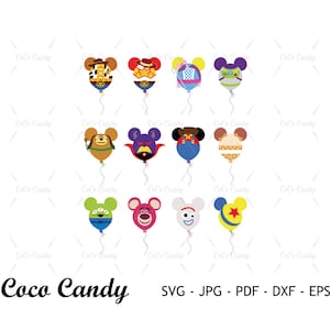 May include: A set of ten balloon designs featuring characters from popular animated films. The balloons are in various colors, including red, blue, green, yellow, and purple. Each balloon has a different character, such as Woody, Buzz Lightyear, and Jessie from Toy Story, and Mike and Sulley from Monsters, Inc.