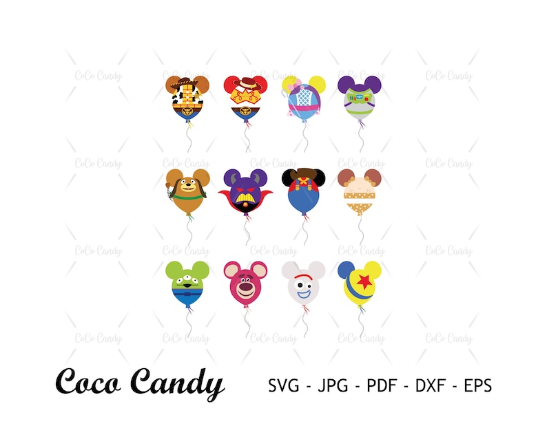 May include: A set of ten balloon designs featuring characters from popular animated films. The balloons are in various colors, including red, blue, green, yellow, and purple. Each balloon has a different character, such as Woody, Buzz Lightyear, and Jessie from Toy Story, and Mike and Sulley from Monsters, Inc.