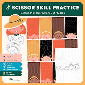 May include: A printable scissor skills activity for kids featuring a play hair salon theme. The printable includes a variety of hairstyles to cut out and color. The text on the page reads "Scissor Skill Practice: Pretend Play Hair Salon: Cut My Hair".