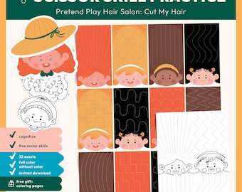Pretend Play Hair Salon Scissor Skill - Cutting Worksheets - Preschool Activity (Digital Download)