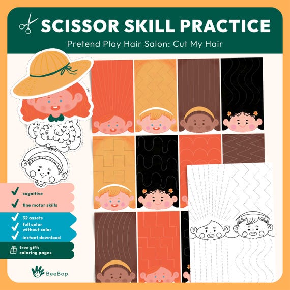 Pretend Play Hair Salon Scissor Skill - Cutting Worksheets - Preschool Activity (Digital Download)