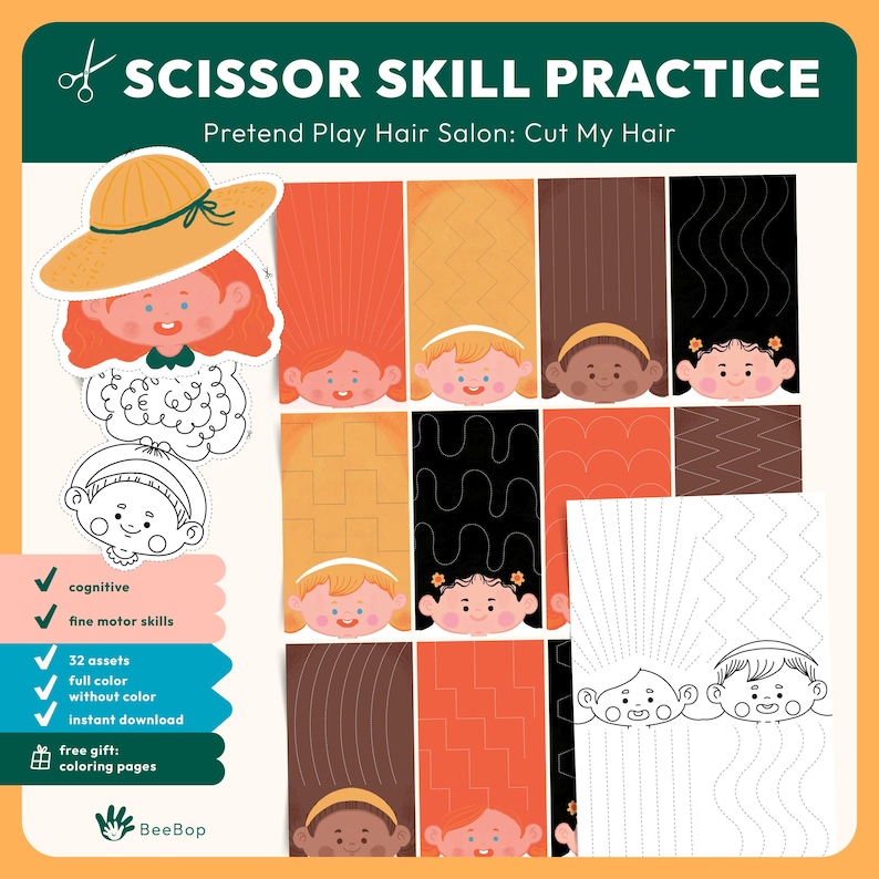 May include: A printable scissor skills activity for kids featuring a play hair salon theme. The printable includes a variety of hairstyles to cut out and color. The text on the page reads "Scissor Skill Practice: Pretend Play Hair Salon: Cut My Hair".