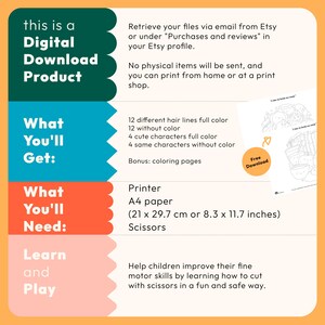 May include: A digital download product for a coloring activity. The product includes 12 different hair lines, 12 without color, 4 cute characters, 4 same characters without color, and bonus coloring pages. The image also shows the materials needed: printer, A4 paper (8.3 x 11.7 inches), and scissors. The text "Free Download" is also visible.