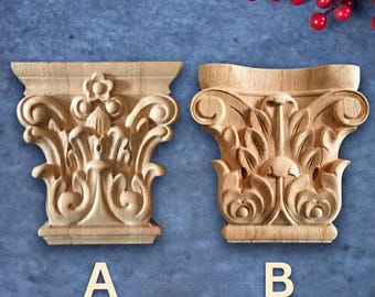 Floral Acanthus Leaf Decorative Wooden Corbel, Raw Solid Wood Carving Bracket, European Vintage Cabinet Decor Capital