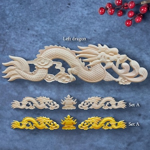 Carved Wood Dragon Ornate Applique Onlays, Raw Wood & Paint Gold, French Style Decorative Wall and Furniture Pediment