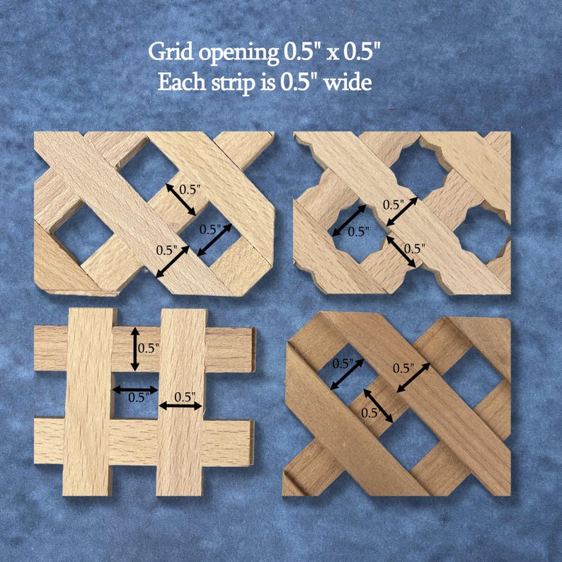 four wooden strips with varying widths, each measuring 0.5 inches wide. The strips are arranged in a grid-like pattern, with each strip having a different width. The image does not contain any text, and the focus is on the visual representation of the wooden strips and their measurements.