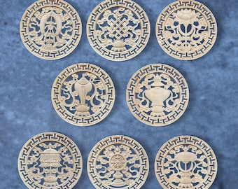 Tibetan Buddhist Eight Treasures Wood Applique - 4&quot; to 16&quot; Unpainted Carved Wall Decor (Endless Knot, Lotus, Dharma Wheel)