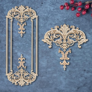 French Style Carved Wood Wall Decor – Floral & Scrollwork Appliqué, Door Frame Appliqué, Wall Panel Frame Wooden Ornates