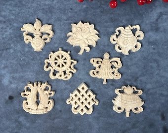 Tibetan Buddhist Eight Treasures Wood Applique - 2.4&quot; to 4.0&quot; Unpainted Carved Wall Decor (Endless Knot, Lotus, Dharma Wheel)
