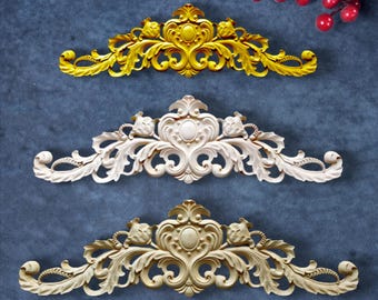 W12" to W60" Ornate Flora Applique – Gilt, White, or Unpainted Wood Carved French Style Decorative Wall & Furniture Onlay Moulding Pediment