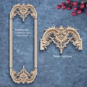 May include: Two decorative, unfinished wooden architectural elements. One is a rectangular framework with ornate top and bottom appliques. The other is a single, arched applique. Text on the image reads "Framework - Applique x2pcs - Trims x2pcs" and "Single Applique."