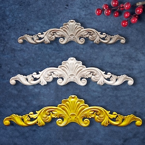 W8&quot; to W40&quot; Ornate Flora Applique – Gilt, White, or Unpainted Wood Carved French Style Decorative Wall & Furniture Onlay Moulding Pediment