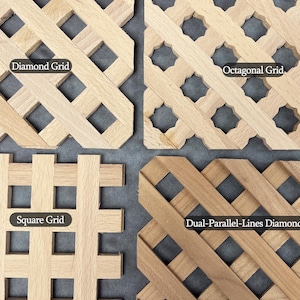four different types of wooden lattice patterns, each with distinct designs and shapes.