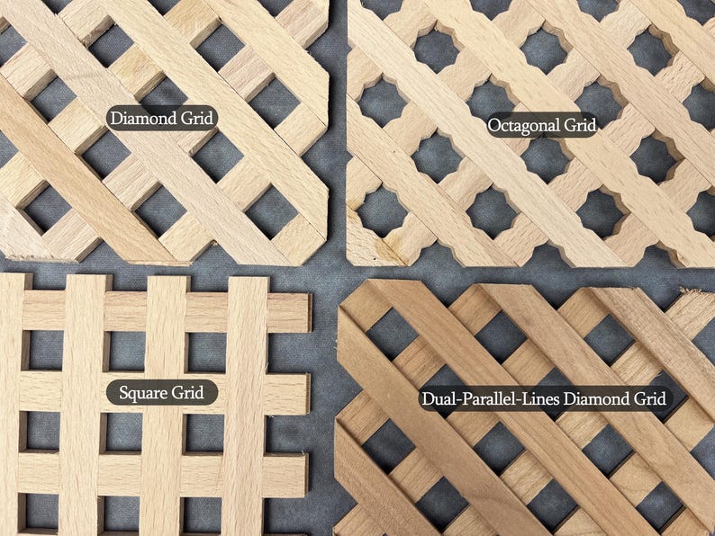 four different types of wooden lattice patterns, each with distinct designs and shapes.