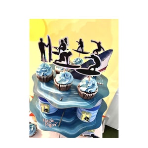 Surfer Surfing birthday cupcake toppers, Ocean party cupcakes topper