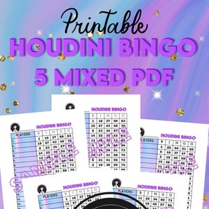 HOUDINI BINGO, 5 plateaux MIXTES, 1 à 15 joueurs, 75 boules, PDF imprimable, 8,5 x 11 po.