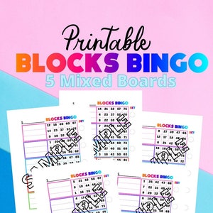 Planche de bingo avec blocs, 5 feuilles de couleurs variées, fichiers PDF imprimables à télécharger, 8,5 x 11 po.