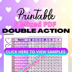 5 planches de bingo mixtes, double action, 1 à 15 joueurs, 75 boules, téléchargement PDF imprimable, paysage, 11 x 8,5, thème coeurs roses et violets