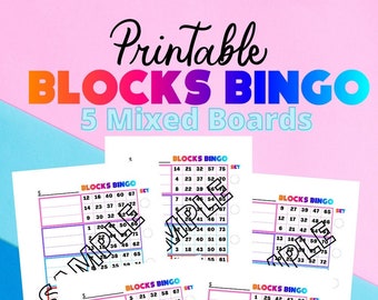 Blocks Bingo Board, 5 Mixed Sheets, Printable PDF Files Download, 8.5x11in