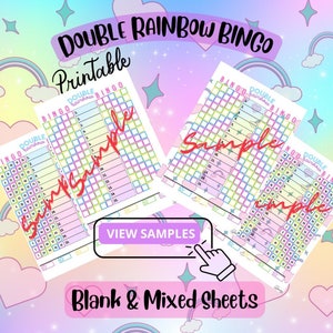 Double planche de bingo arc-en-ciel mixte et feuilles vierges, 1-15 lignes, 75 boules, feuille de bingo imprimable PDF 4 fichiers, 8,5 po. x 11 po.