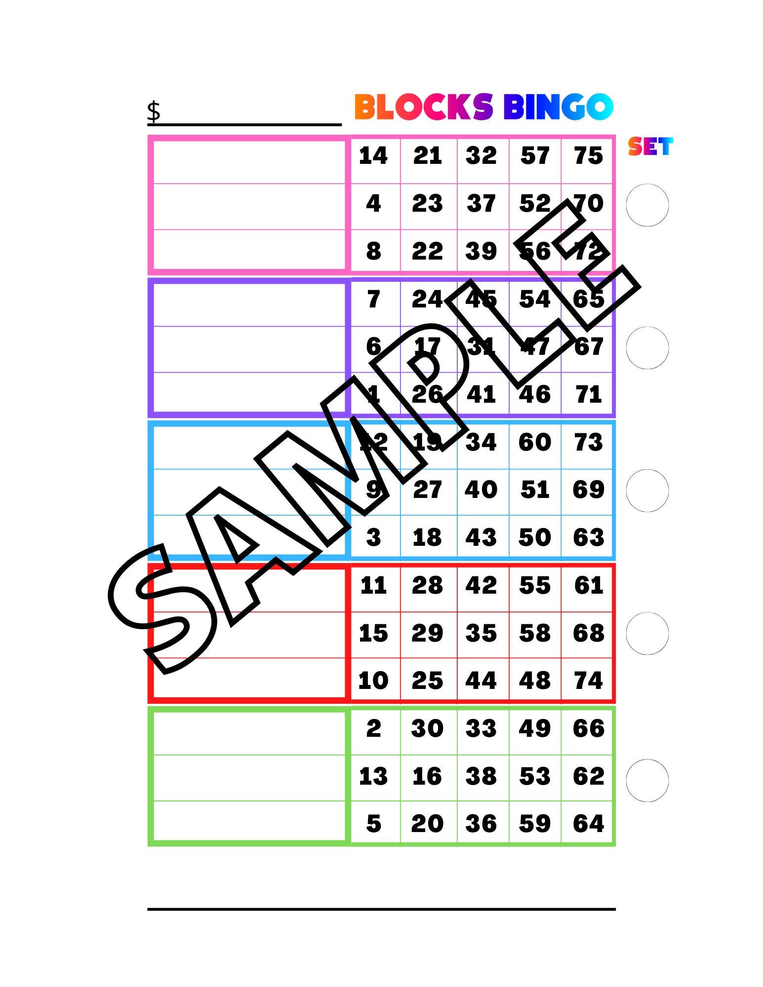 Blocks Bingo Board, 5 Mixed Sheets, Printable PDF Files Download, 8