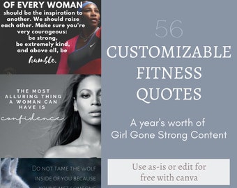 Gráficos de motivación para hacer ejercicio / 56 citas de empoderamiento de Girl Gone Strong / Contenido de redes sociales personalizable / Enlaces descargables /