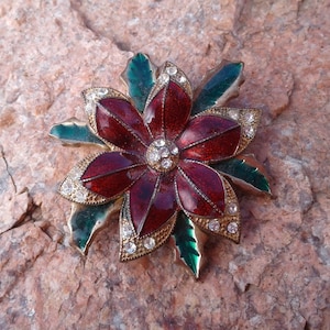 Vintage Poinsettia Brooch Pin Christmas Holiday Jewelry Red Green Enamel Rhinestones