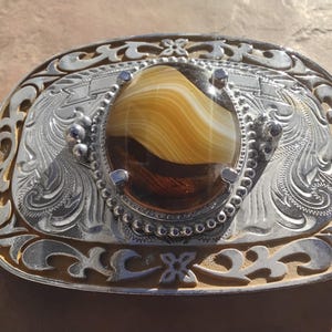 Vintage Western Southwestern silver tone belt buckle faux agate cabochon