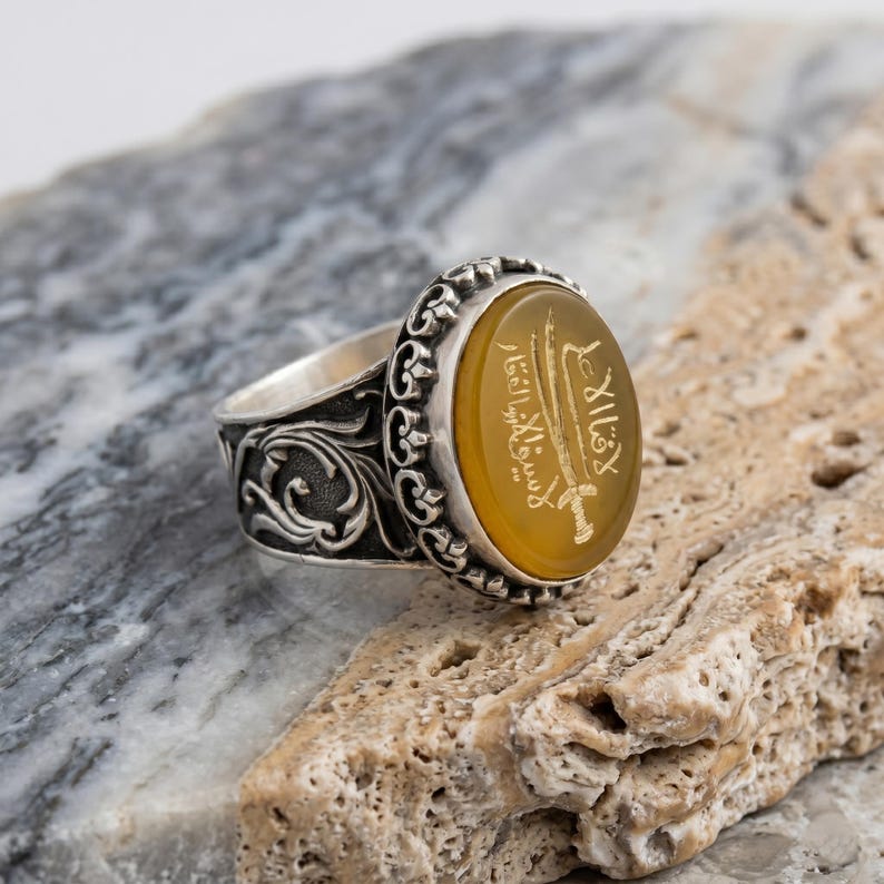 Handgravierter Zulfiqar Sword Achat Ring, 925 Sterling Silber Herren Siegelring Bild 4
